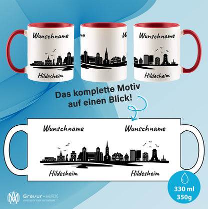 Tasse in Rot 330ml bedruckt mit der Skyline von Hildesheim personalisierbar mit Wunschname