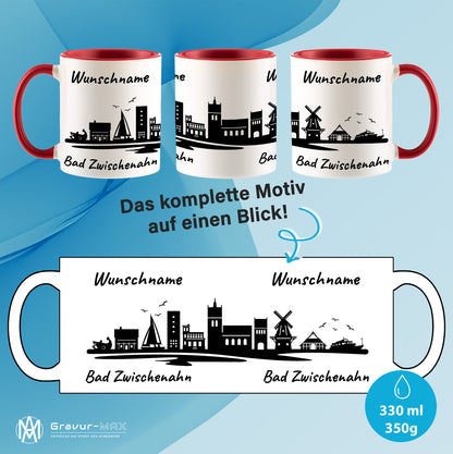 Tasse in Rot 330ml bedruckt mit der Skyline von Bad Zwischenahn personalisierbar mit Wunschname