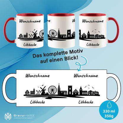 Tasse in Rot 330ml bedruckt mit der Skyline von Lübbecke personalisierbar mit Wunschname