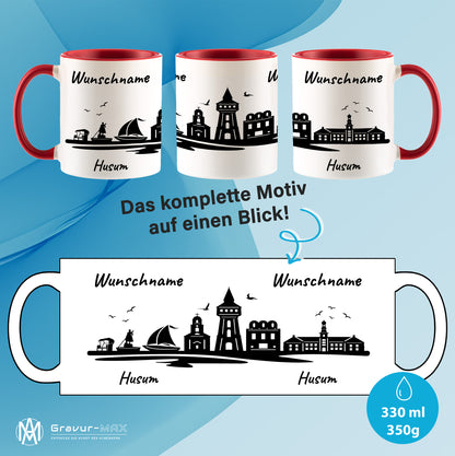 Tasse in Rot 330ml bedruckt mit der Skyline von Husum personalisierbar mit Wunschname