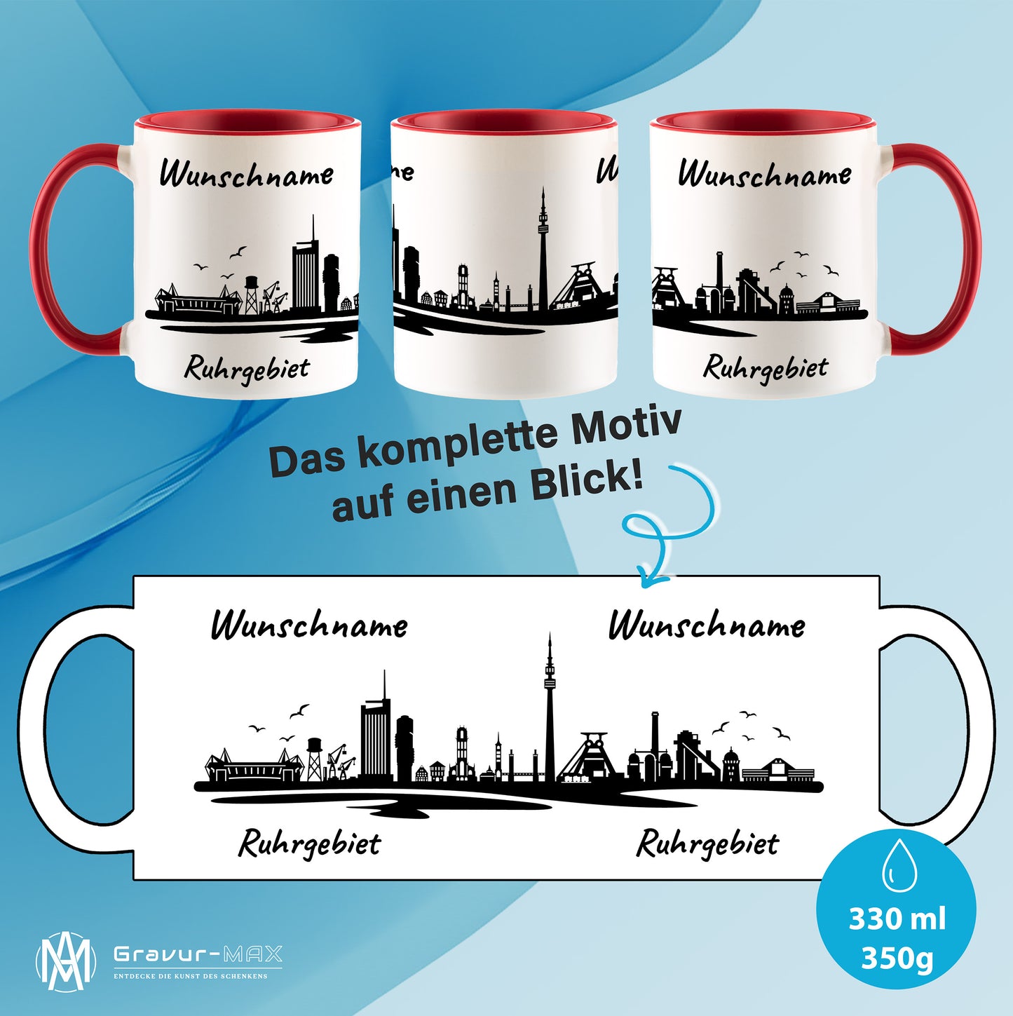 Tasse in Rot 330ml bedruckt mit der Skyline von Ruhrgebiet personalisierbar mit Wunschname