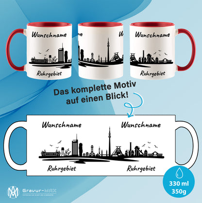 Tasse in Rot 330ml bedruckt mit der Skyline von Ruhrgebiet personalisierbar mit Wunschname