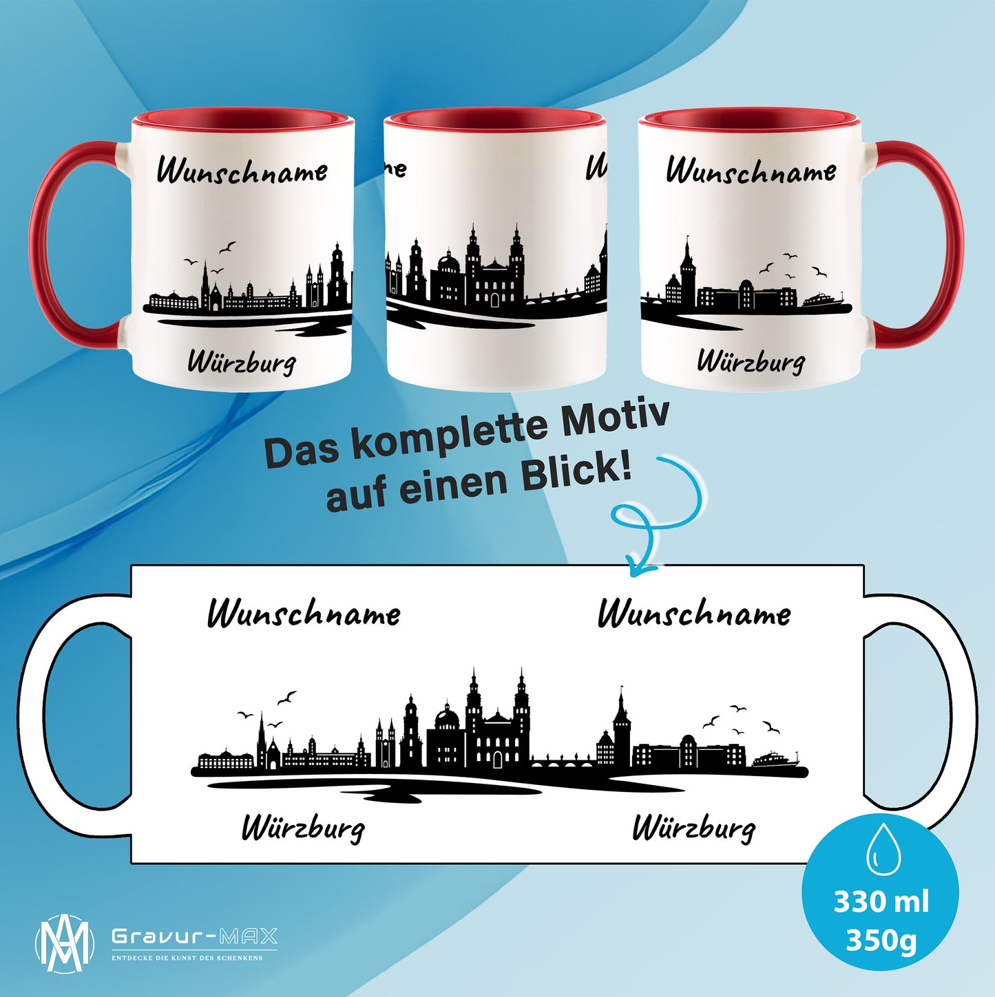 Tasse in Rot 330ml bedruckt mit der Skyline von Würzburg personalisierbar mit Wunschname