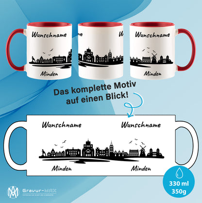 Tasse in Rot 330ml bedruckt mit der Skyline von Minden personalisierbar mit Wunschname