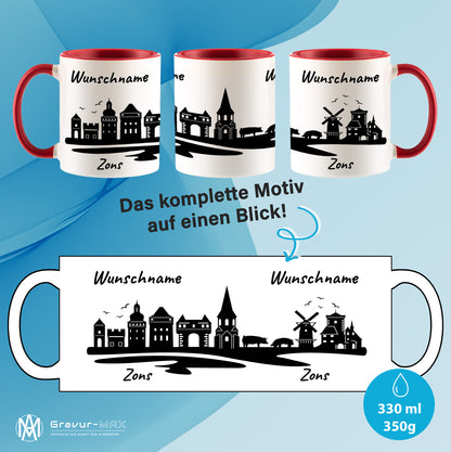 Tasse in Rot 330ml bedruckt mit der Skyline von Zons (Dormagen) personalisierbar mit Wunschname
