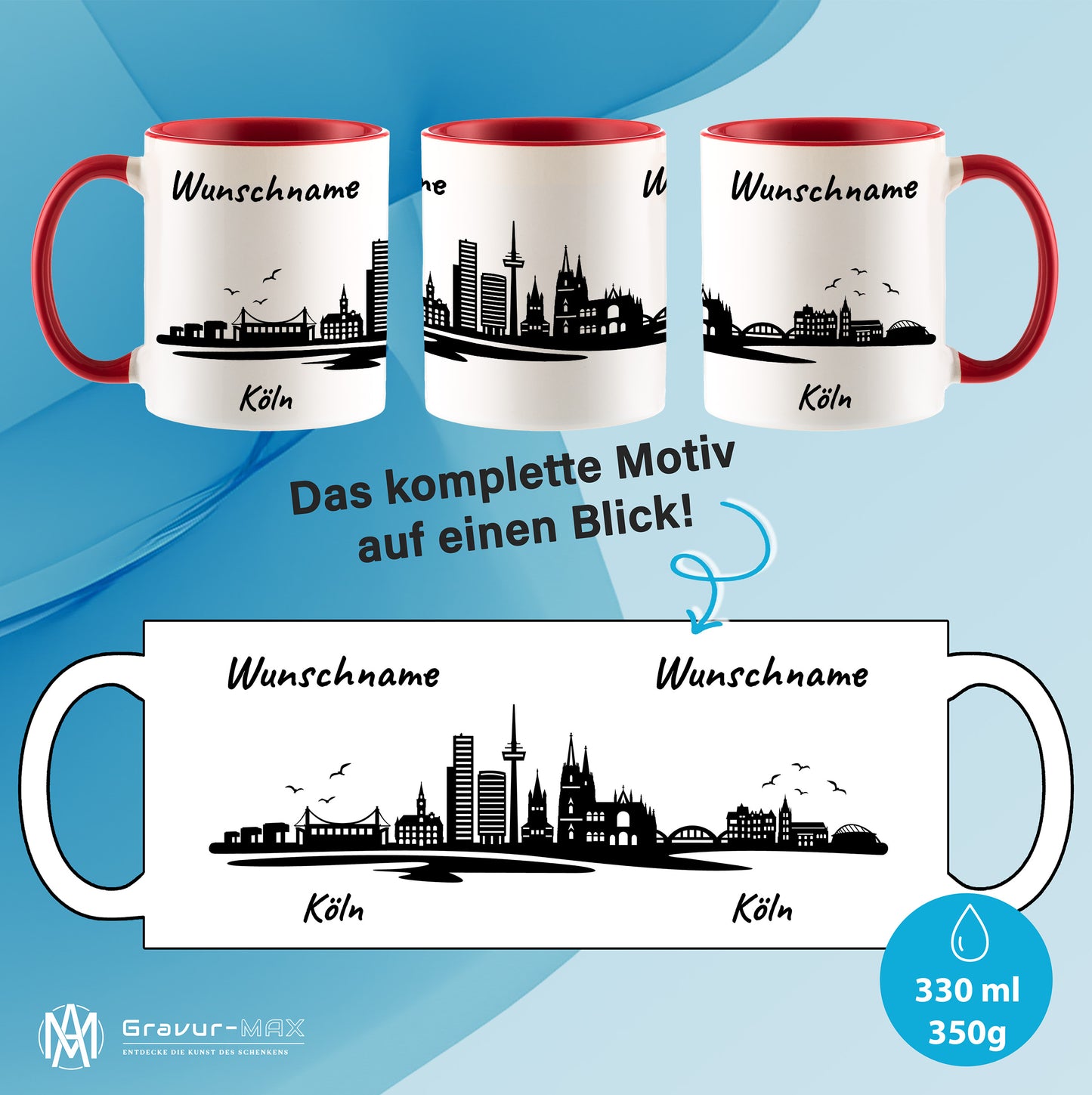 Tasse in Rot 330ml bedruckt mit der Skyline von Köln personalisierbar mit Wunschname