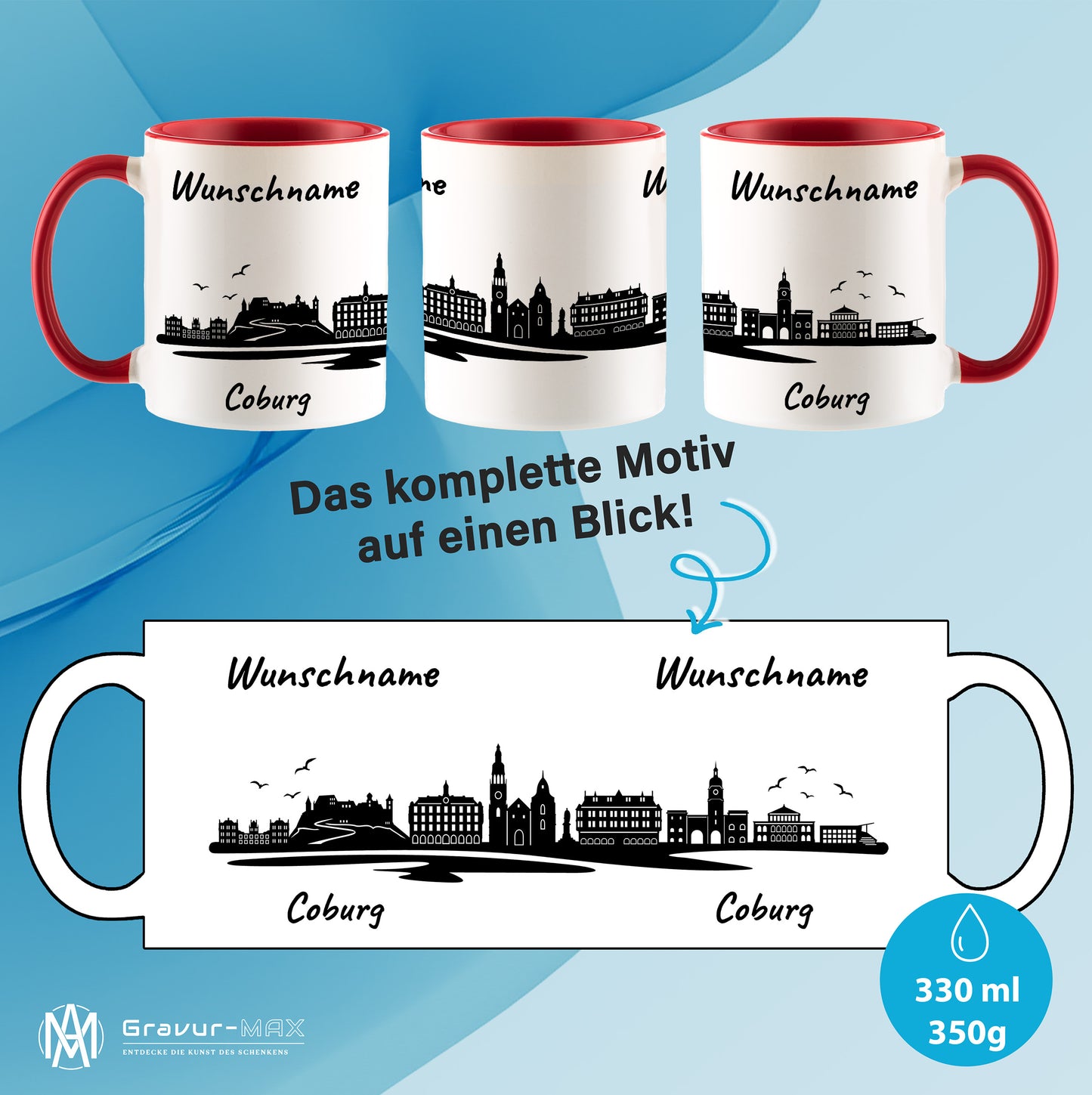 Tasse in Rot 330ml bedruckt mit der Skyline von Coburg personalisierbar mit Wunschname