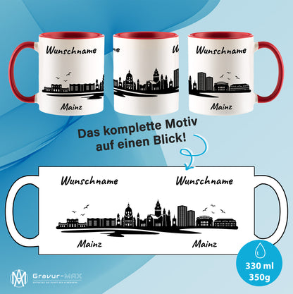 Tasse in Rot 330ml bedruckt mit der Skyline von Mainz personalisierbar mit Wunschname
