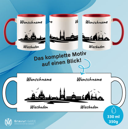 Tasse in Rot 330ml bedruckt mit der Skyline von Wiesbaden personalisierbar mit Wunschname