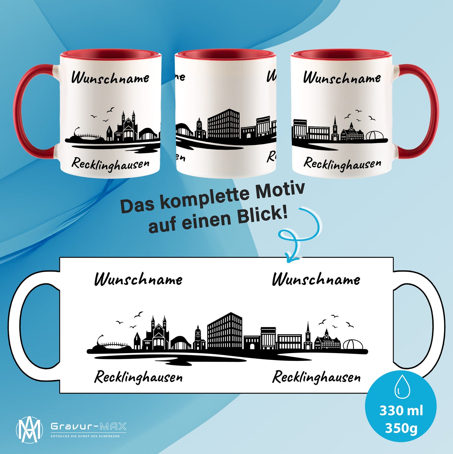 Tasse in Rot 330ml bedruckt mit der Skyline von Recklinghausen personalisierbar mit Wunschname