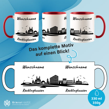 Tasse in Rot 330ml bedruckt mit der Skyline von Recklinghausen personalisierbar mit Wunschname