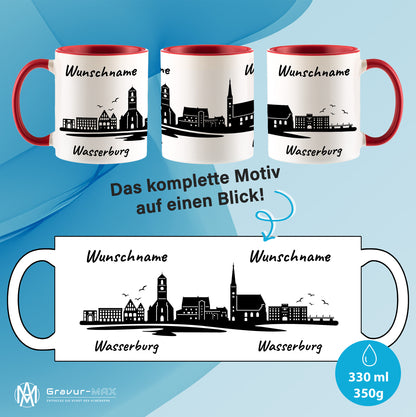 Tasse in Rot 330ml bedruckt mit der Skyline von Wasserburg personalisierbar mit Wunschname