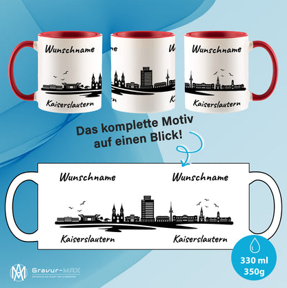 Tasse in Rot 330ml bedruckt mit der Skyline von Kaiserslautern personalisierbar mit Wunschname