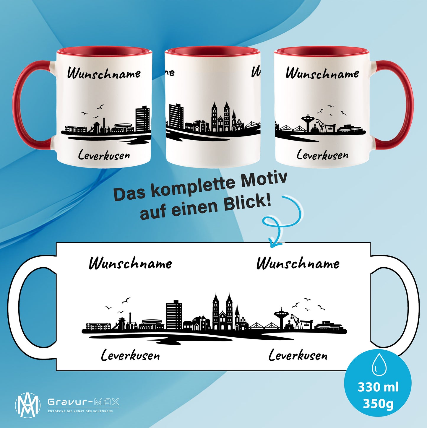 Tasse in Rot 330ml bedruckt mit der Skyline von Leverkusen personalisierbar mit Wunschname