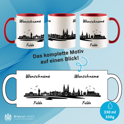 Tasse in Rot 330ml bedruckt mit der Skyline von Fulda personalisierbar mit Wunschname