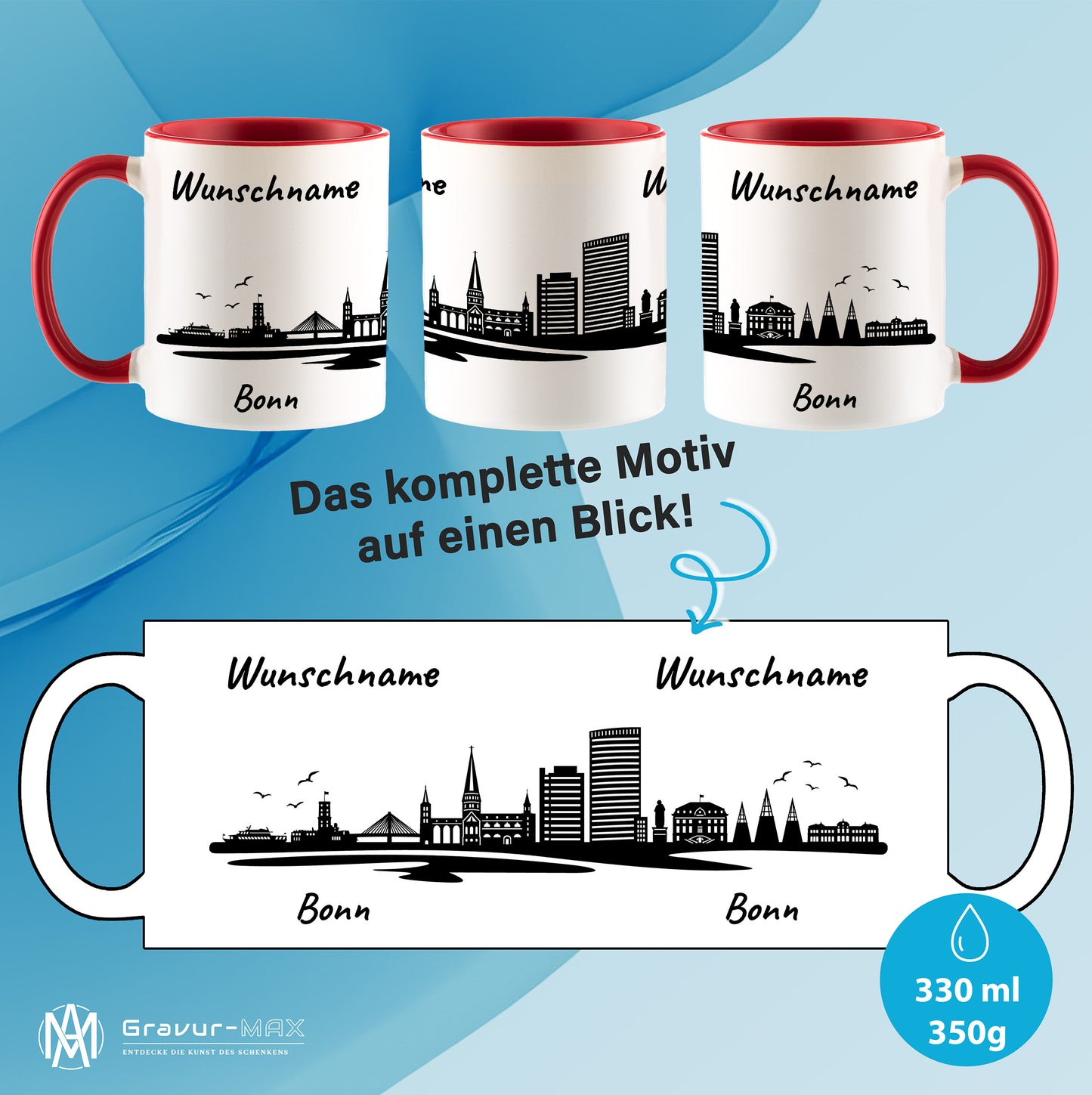 Tasse in Rot 330ml bedruckt mit der Skyline von Bonn personalisierbar mit Wunschname