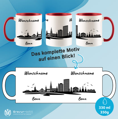 Tasse in Rot 330ml bedruckt mit der Skyline von Bonn personalisierbar mit Wunschname