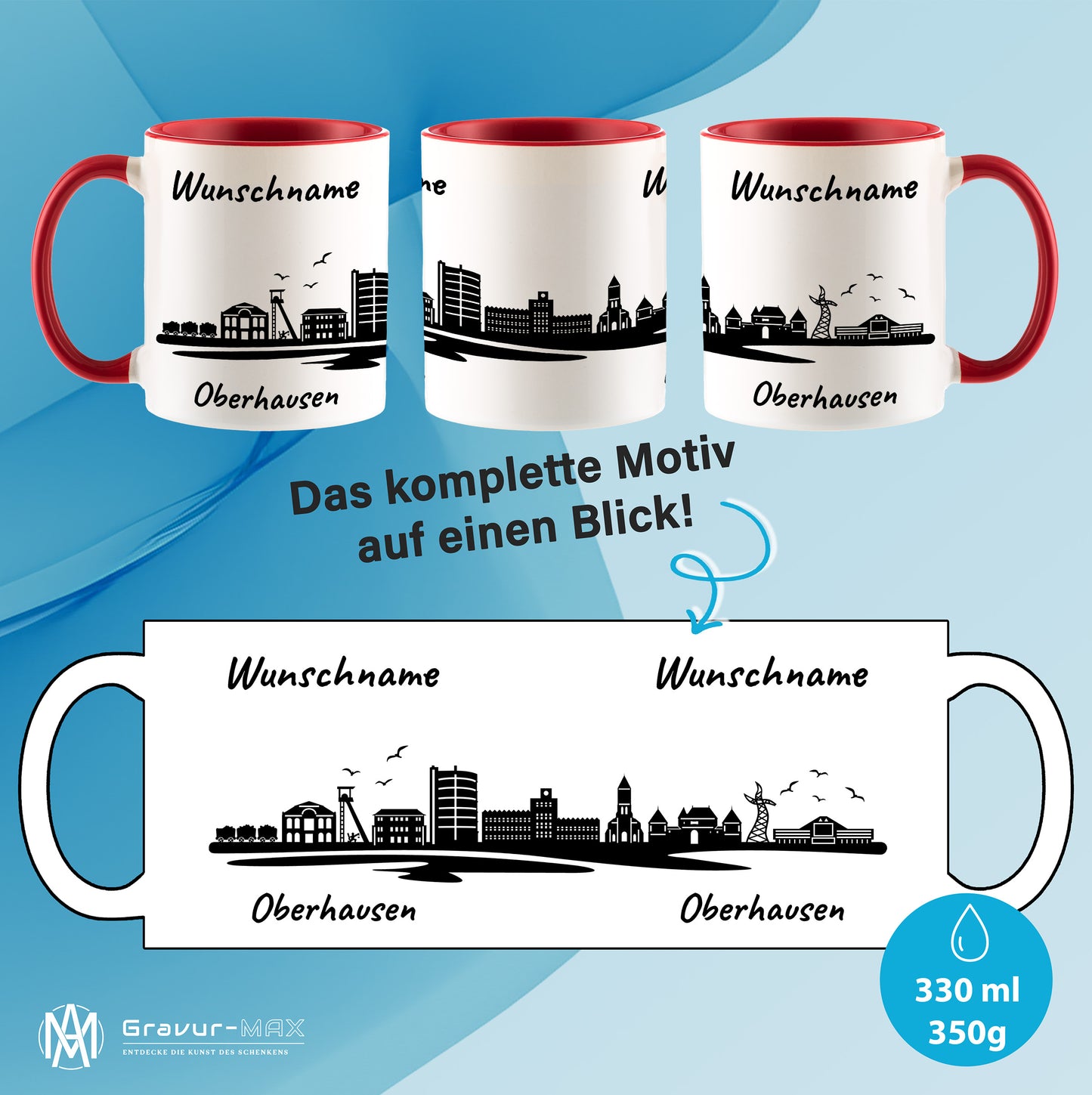 Tasse in Rot 330ml bedruckt mit der Skyline von Oberhausen personalisierbar mit Wunschname