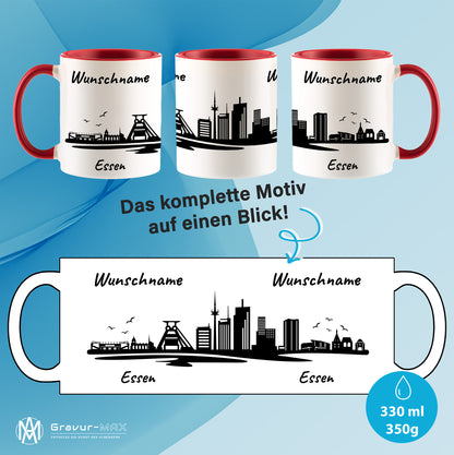 Tasse in Rot 330ml bedruckt mit der Skyline von Essen personalisierbar mit Wunschname