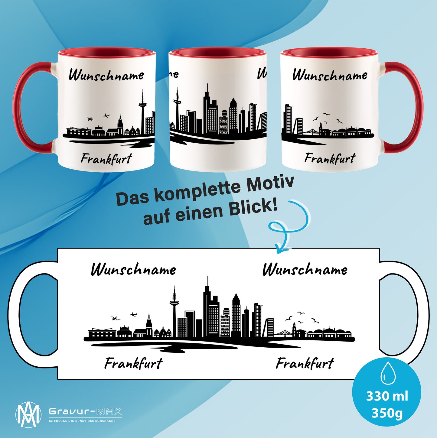 Tasse in Rot 330ml bedruckt mit der Skyline von Frankfurt personalisierbar mit Wunschname