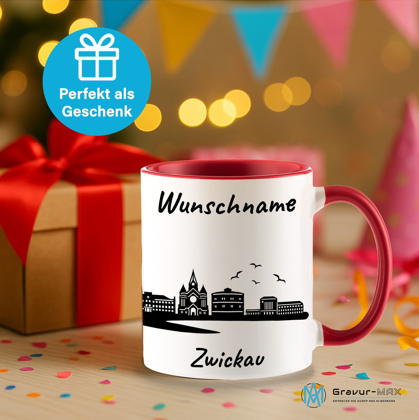 Tasse in Rot 330ml bedruckt mit der Skyline von Zwickau personalisierbar mit Wunschname