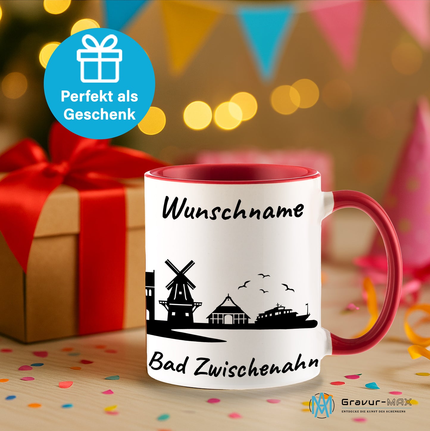 Tasse in Rot 330ml bedruckt mit der Skyline von Bad Zwischenahn personalisierbar mit Wunschname