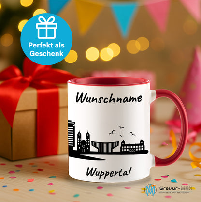 Tasse in Rot 330ml bedruckt mit der Skyline von Wuppertal personalisierbar mit Wunschname