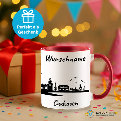 Tasse in Rot 330ml bedruckt mit der Skyline von Cuxhaven personalisierbar mit Wunschname