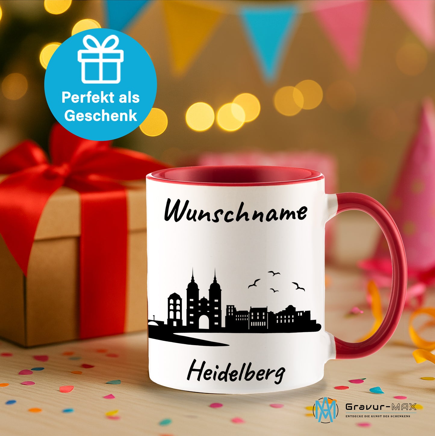 Tasse in Rot 330ml bedruckt mit der Skyline von Heidelberg personalisierbar mit Wunschname
