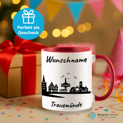 Tasse in Rot 330ml bedruckt mit der Skyline von Travemünde personalisierbar mit Wunschname