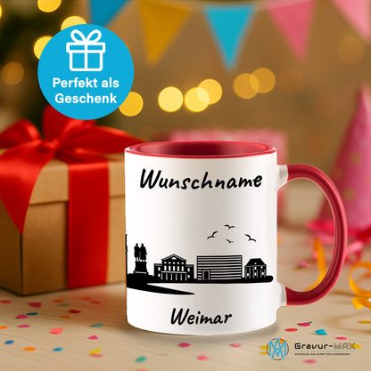 Tasse in Rot 330ml bedruckt mit der Skyline von Weimar personalisierbar mit Wunschname