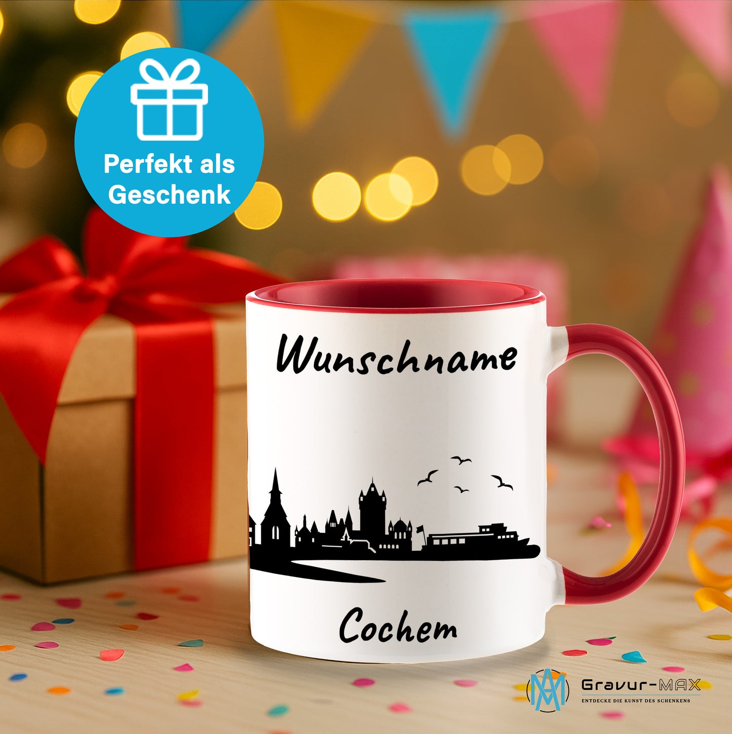 Tasse in Rot 330ml bedruckt mit der Skyline von Cochem personalisierbar mit Wunschname