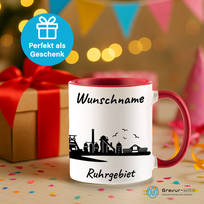 Tasse in Rot 330ml bedruckt mit der Skyline von Ruhrgebiet personalisierbar mit Wunschname