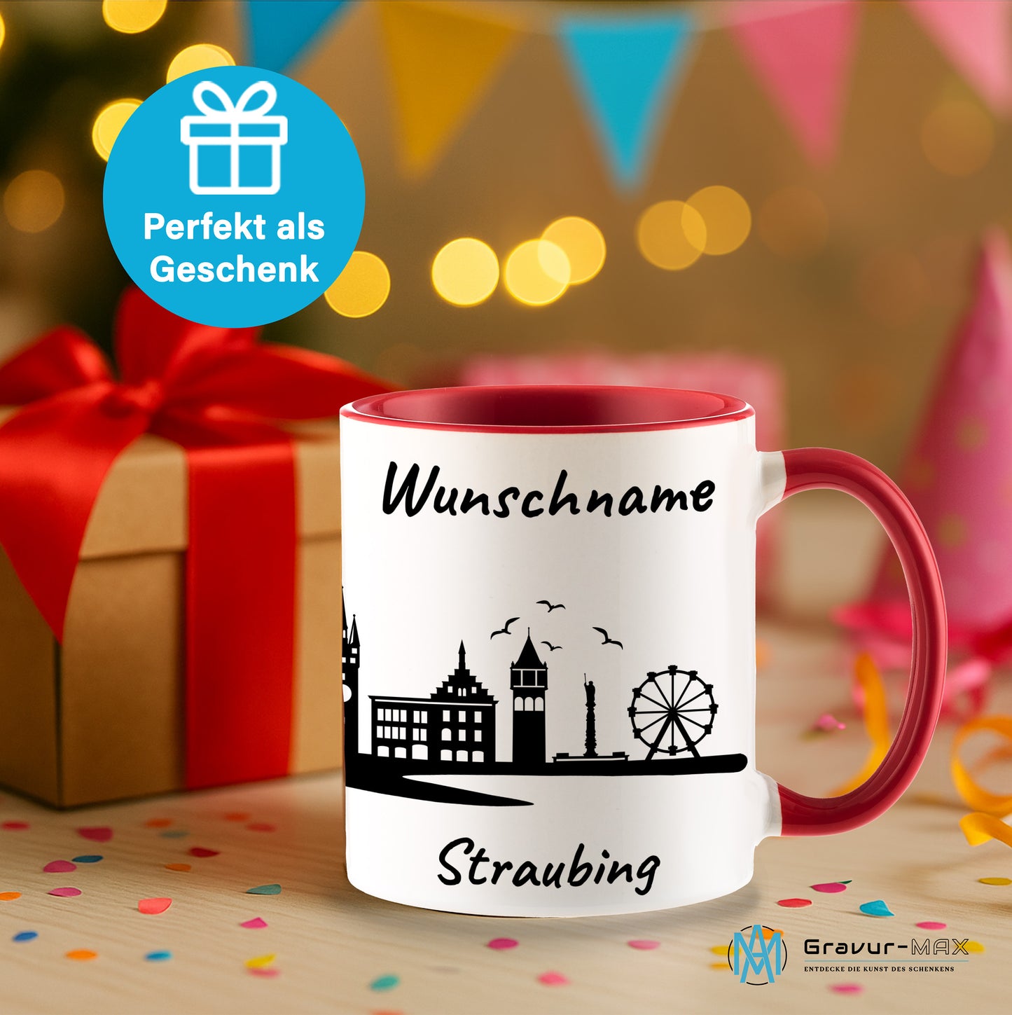 Tasse in Rot 330ml bedruckt mit der Skyline von Straubing personalisierbar mit Wunschname