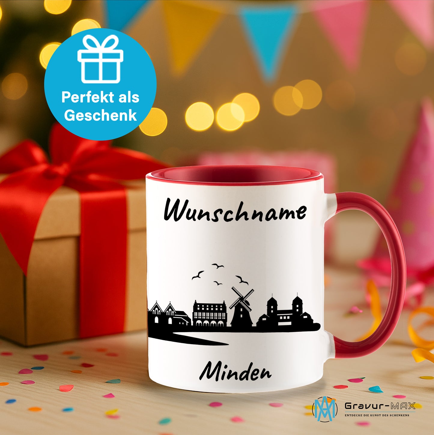 Tasse in Rot 330ml bedruckt mit der Skyline von Minden personalisierbar mit Wunschname