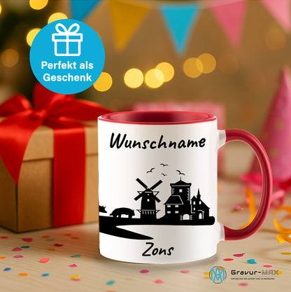 Tasse in Rot 330ml bedruckt mit der Skyline von Zons (Dormagen) personalisierbar mit Wunschname
