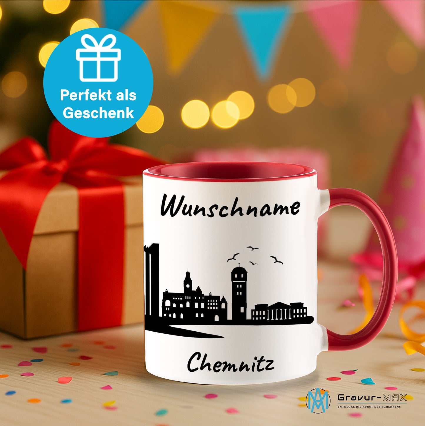 Tasse in Rot 330ml bedruckt mit der Skyline von Chemnitz personalisierbar mit Wunschname