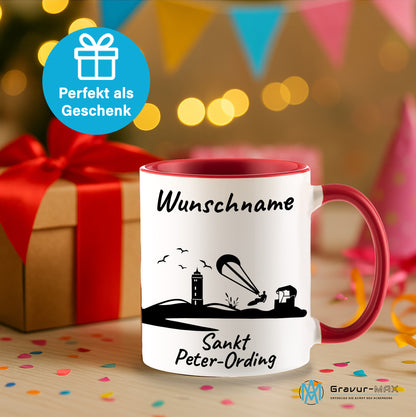 Tasse in Rot 330ml bedruckt mit der Skyline von Sankt Peter-Ording personalisierbar mit Wunschname