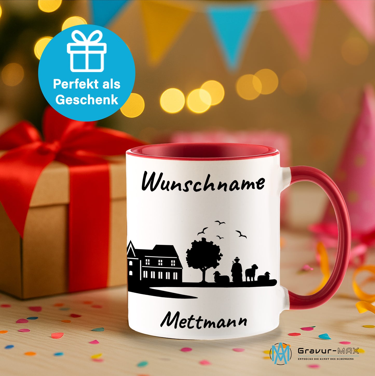 Tasse in Rot 330ml bedruckt mit der Skyline von Mettmann personalisierbar mit Wunschname