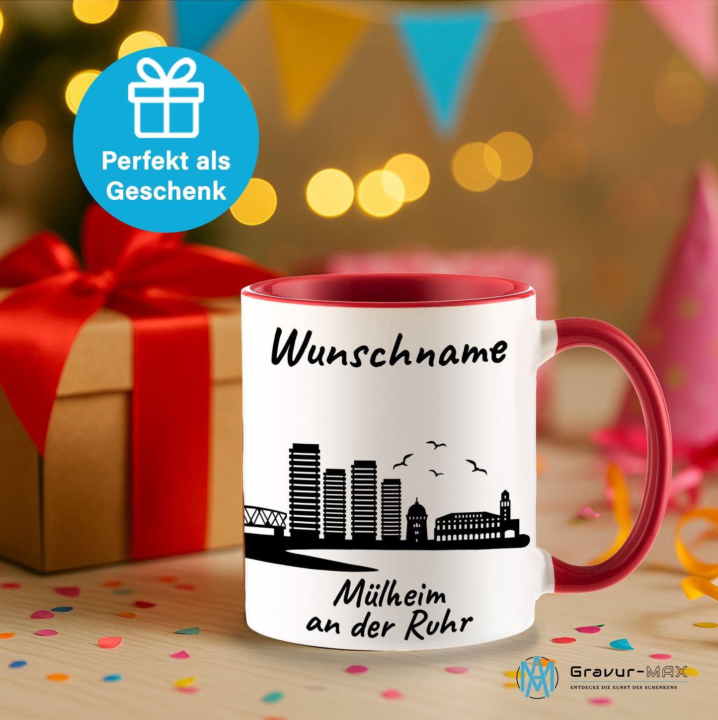 Tasse in Rot 330ml bedruckt mit der Skyline von Mülheim an der Ruhr personalisierbar mit Wunschname