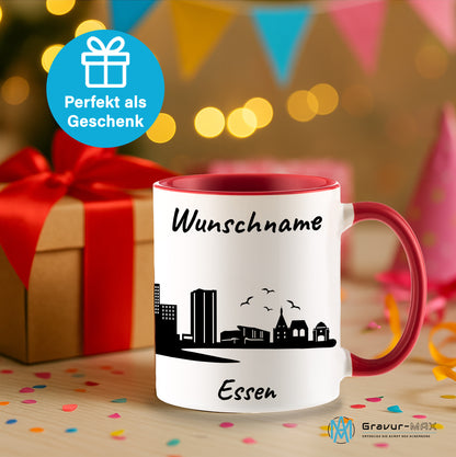 Tasse in Rot 330ml bedruckt mit der Skyline von Essen personalisierbar mit Wunschname