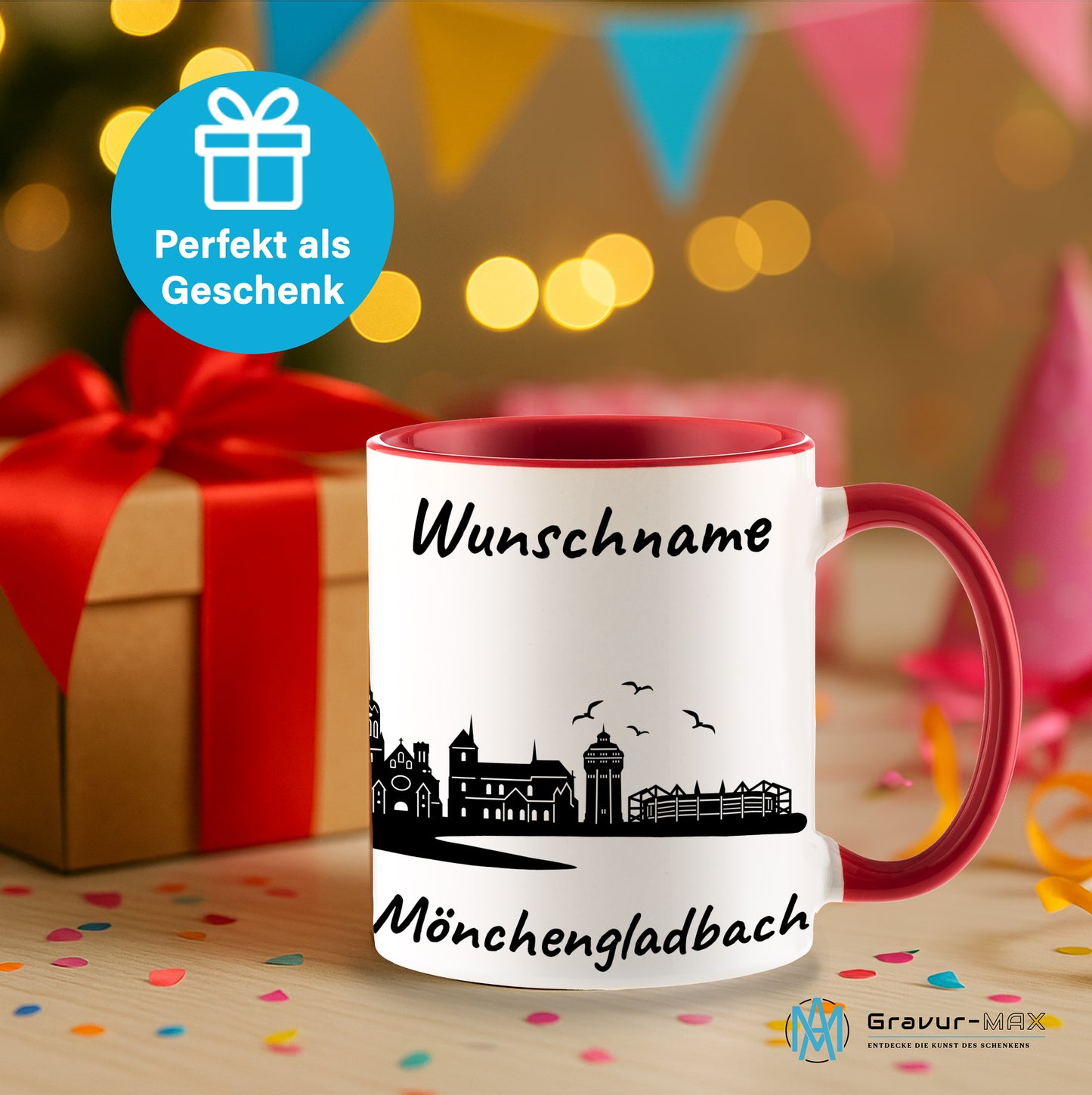 Tasse in Rot 330ml bedruckt mit der Skyline von Mönchengladbach personalisierbar mit Wunschname