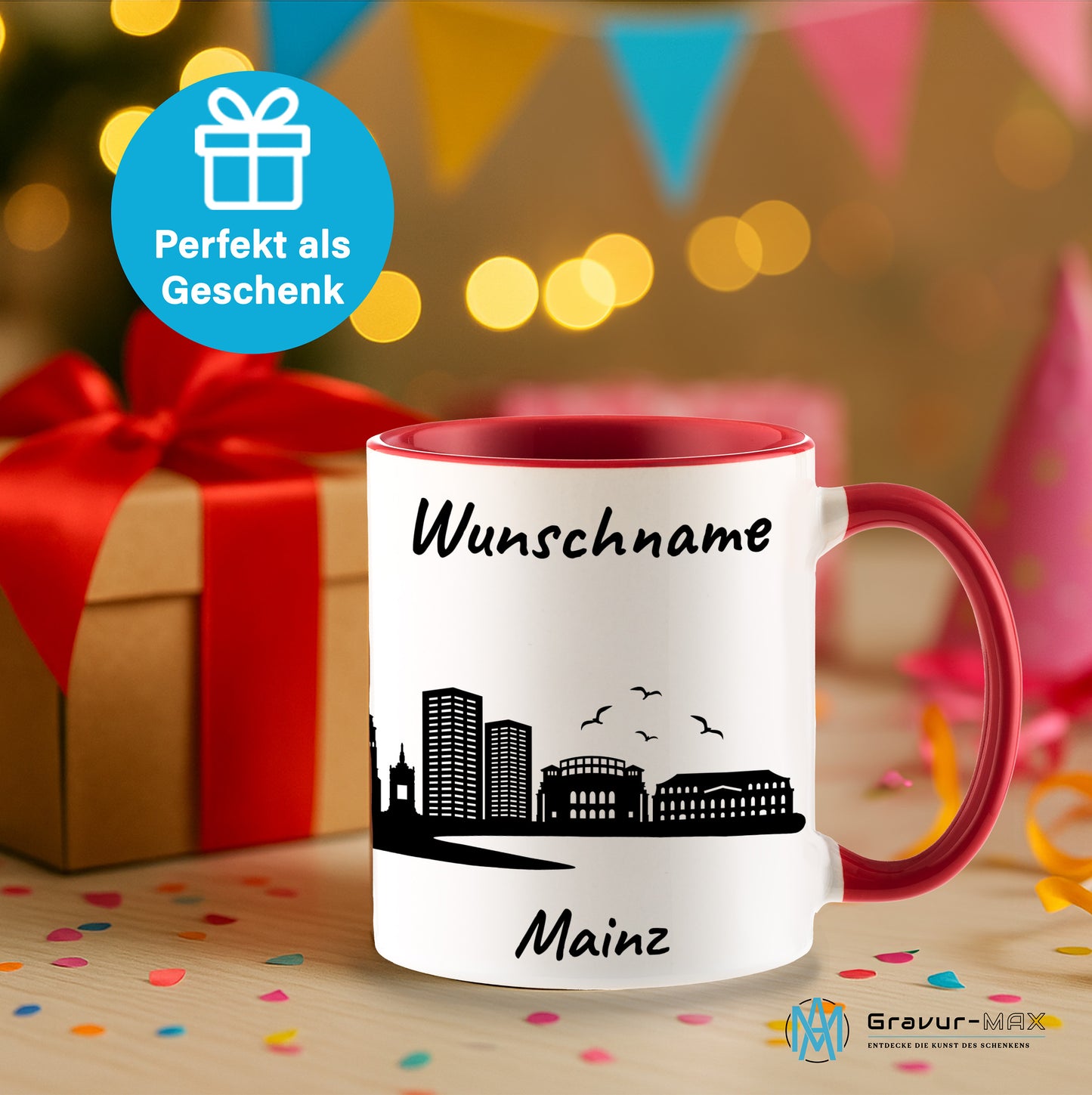 Tasse in Rot 330ml bedruckt mit der Skyline von Mainz personalisierbar mit Wunschname