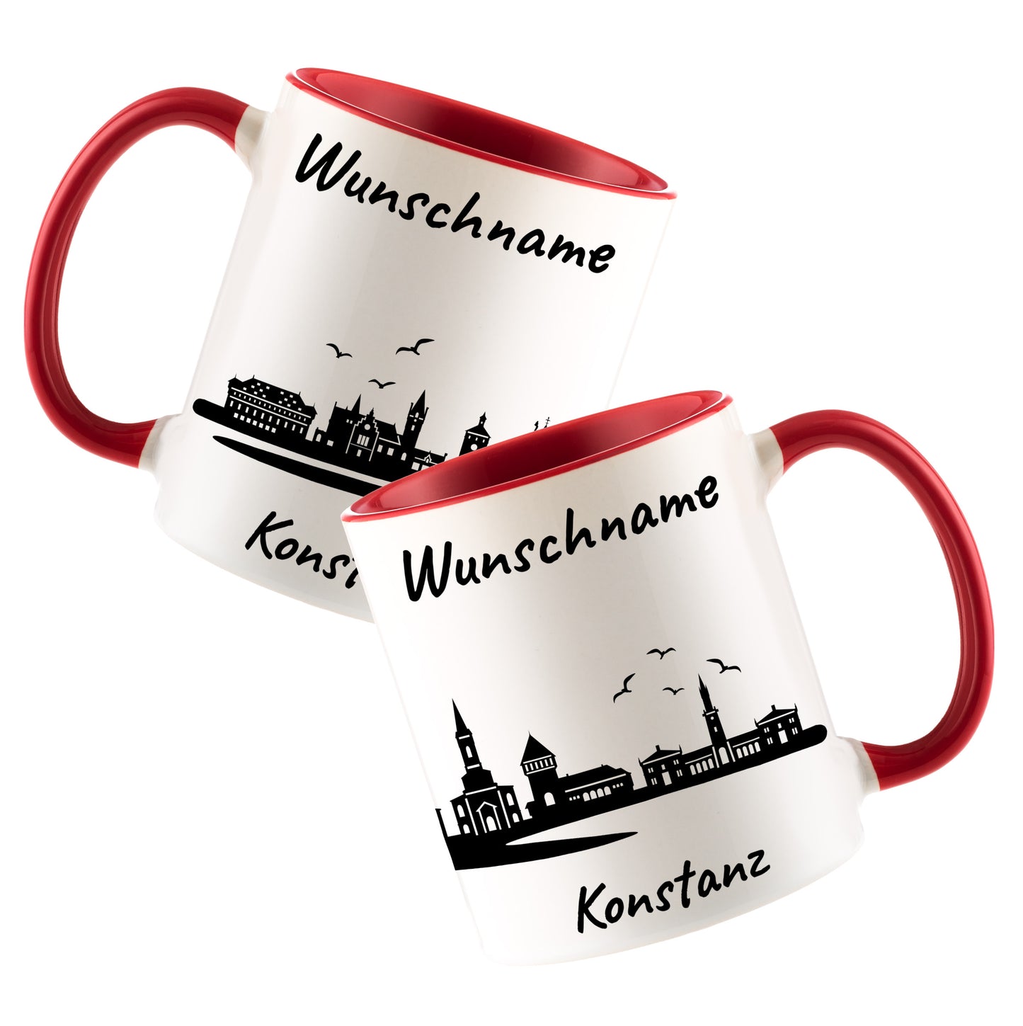 Tasse in Rot 330ml bedruckt mit der Skyline von Konstanz personalisierbar mit Wunschname