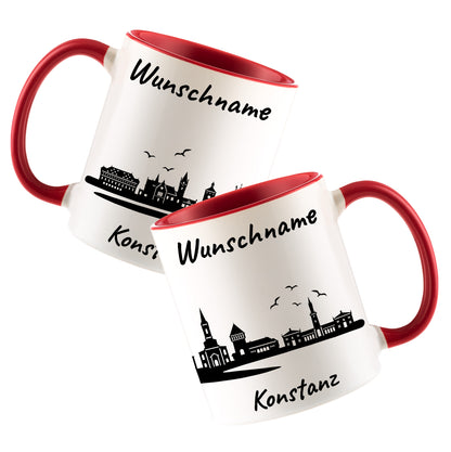 Tasse in Rot 330ml bedruckt mit der Skyline von Konstanz personalisierbar mit Wunschname