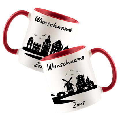 Tasse in Rot 330ml bedruckt mit der Skyline von Zons (Dormagen) personalisierbar mit Wunschname