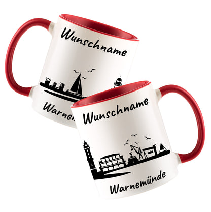 Tasse in Rot 330ml bedruckt mit der Skyline von Warnemünde personalisierbar mit Wunschname