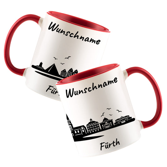 Tasse in Rot 330ml bedruckt mit der Skyline von Fürth personalisierbar mit Wunschname