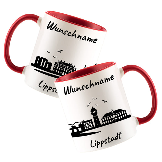 Tasse in Rot 330ml bedruckt mit der Skyline von Lippstadt personalisierbar mit Wunschname