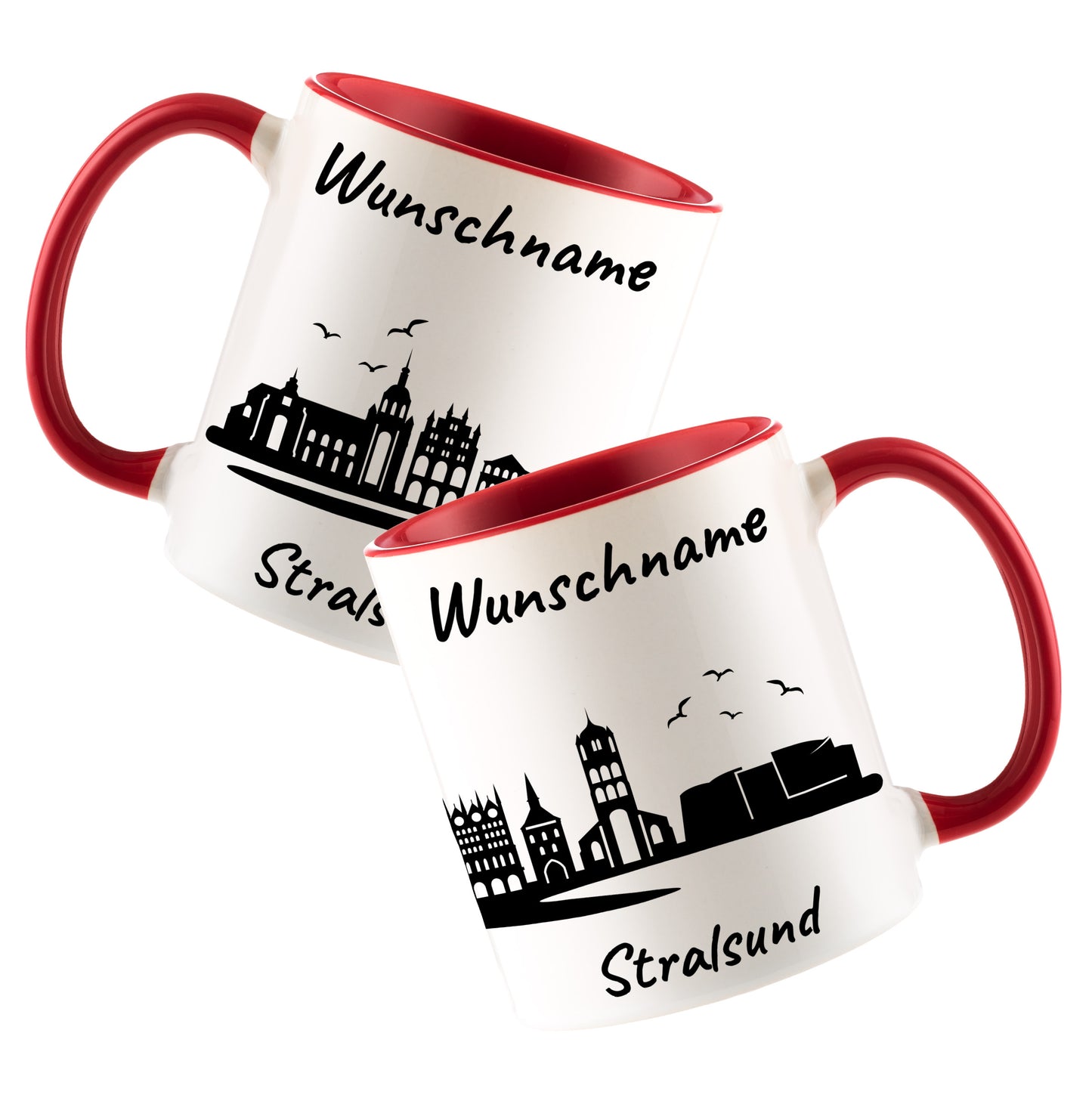 Tasse in Rot 330ml bedruckt mit der Skyline von Stralsund personalisierbar mit Wunschname